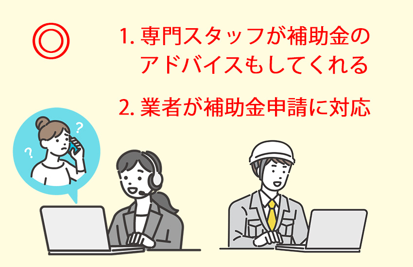 1. 専門スタッフが補助金のアドバイスもしてくれる　2. 業者が補助金対応してくれる